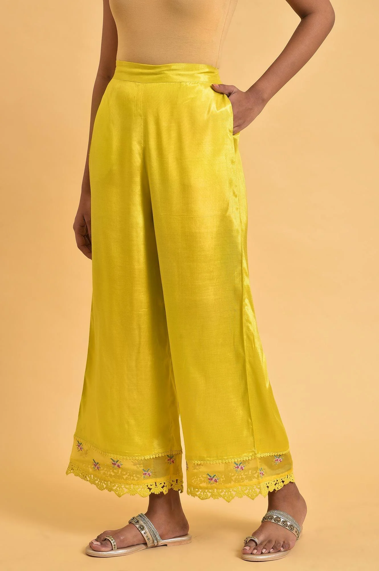 Yellow Parallel Pants With Lace And Embroidery - Image 3