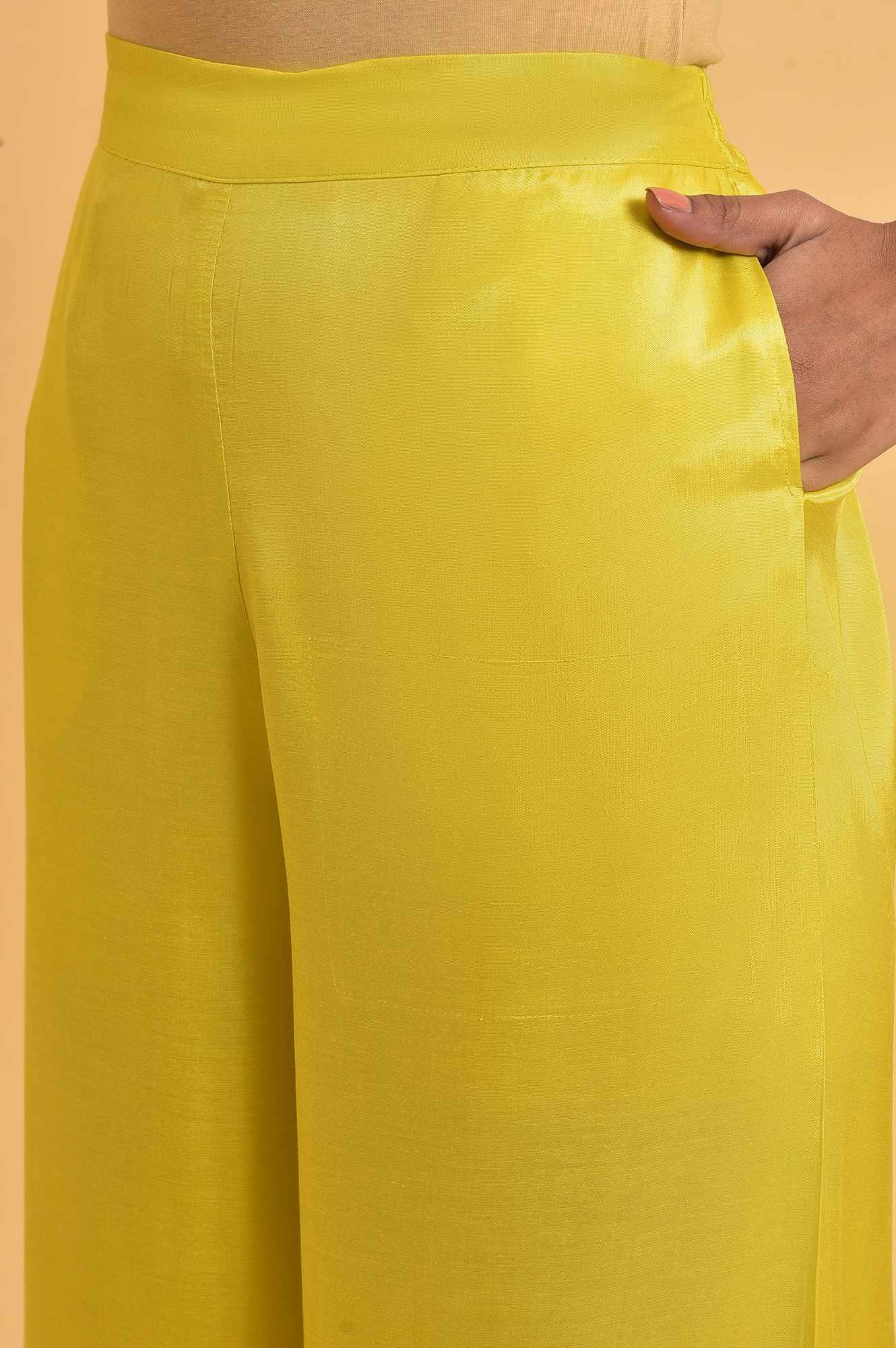 Yellow Parallel Pants With Lace And Embroidery - Image 6