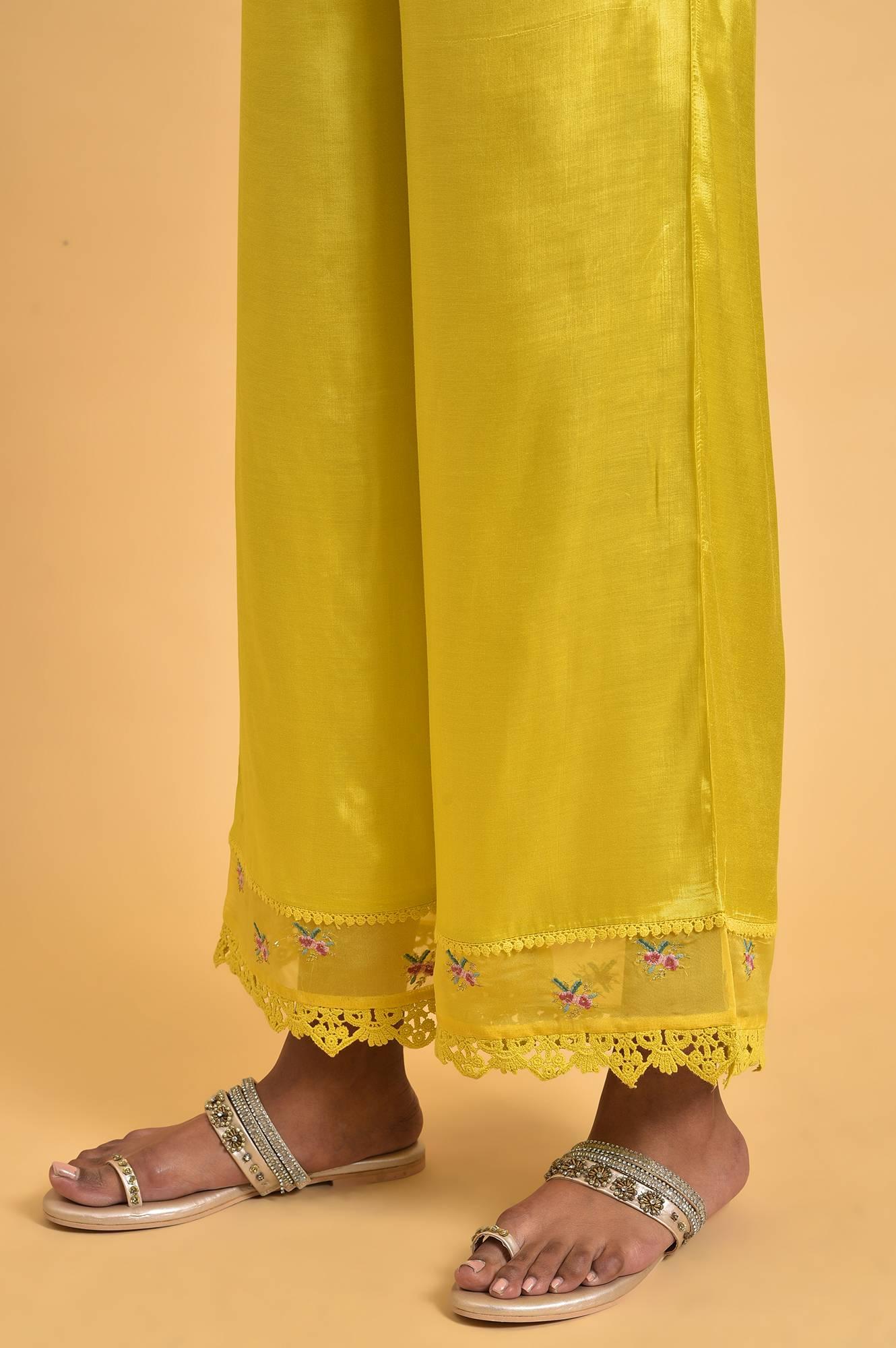 Yellow Parallel Pants With Lace And Embroidery - Image 7