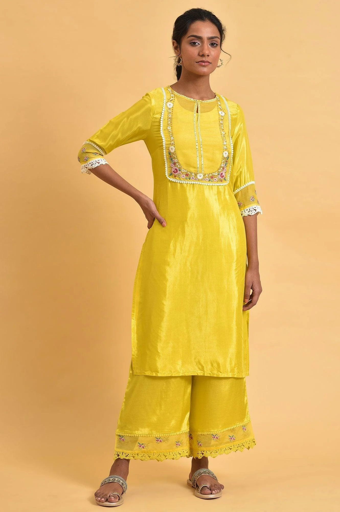 Yellow Parallel Pants With Lace And Embroidery - Image 8
