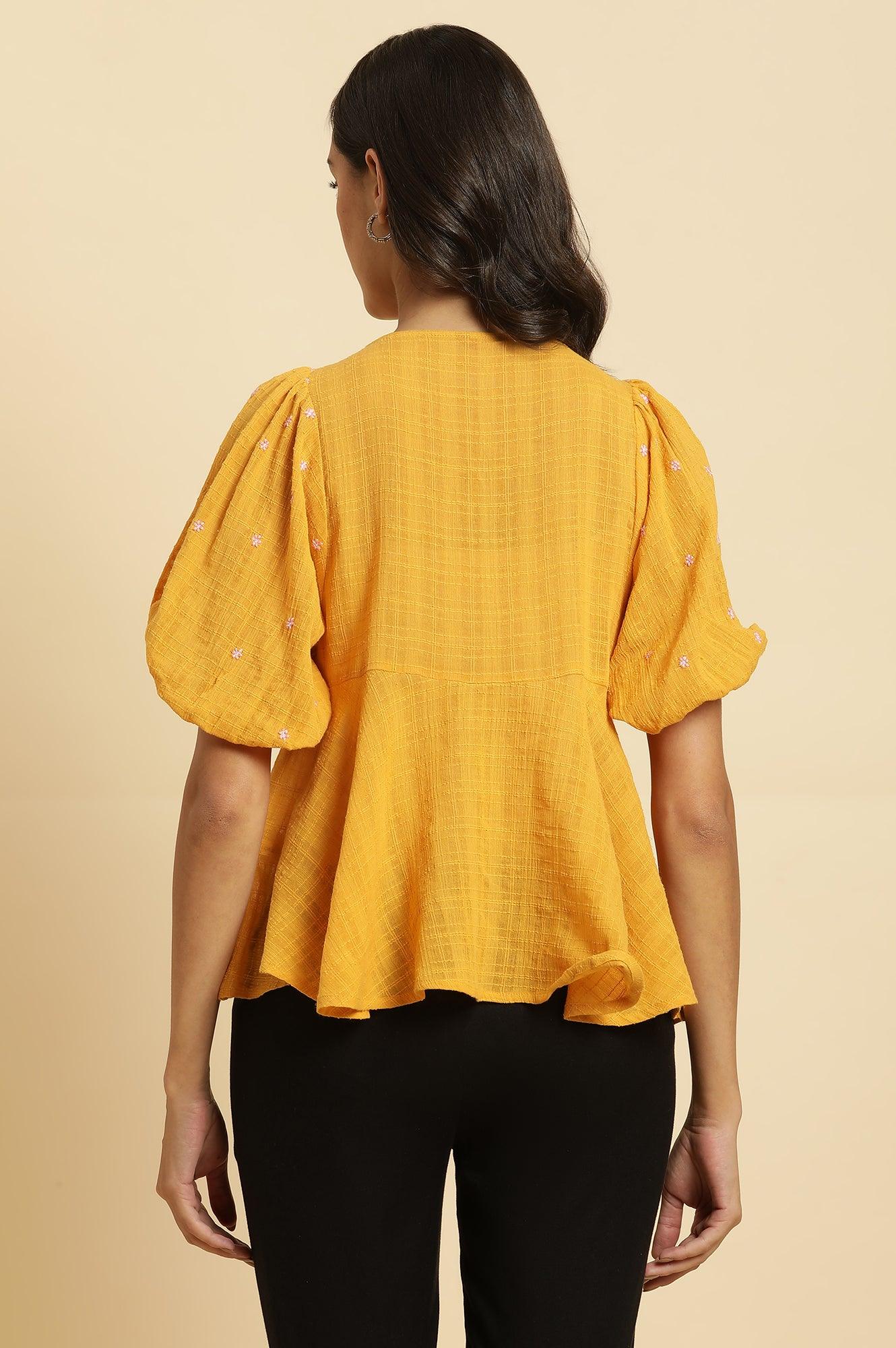 Yellow Peplum Top With Embroidered Yoke - Image 3