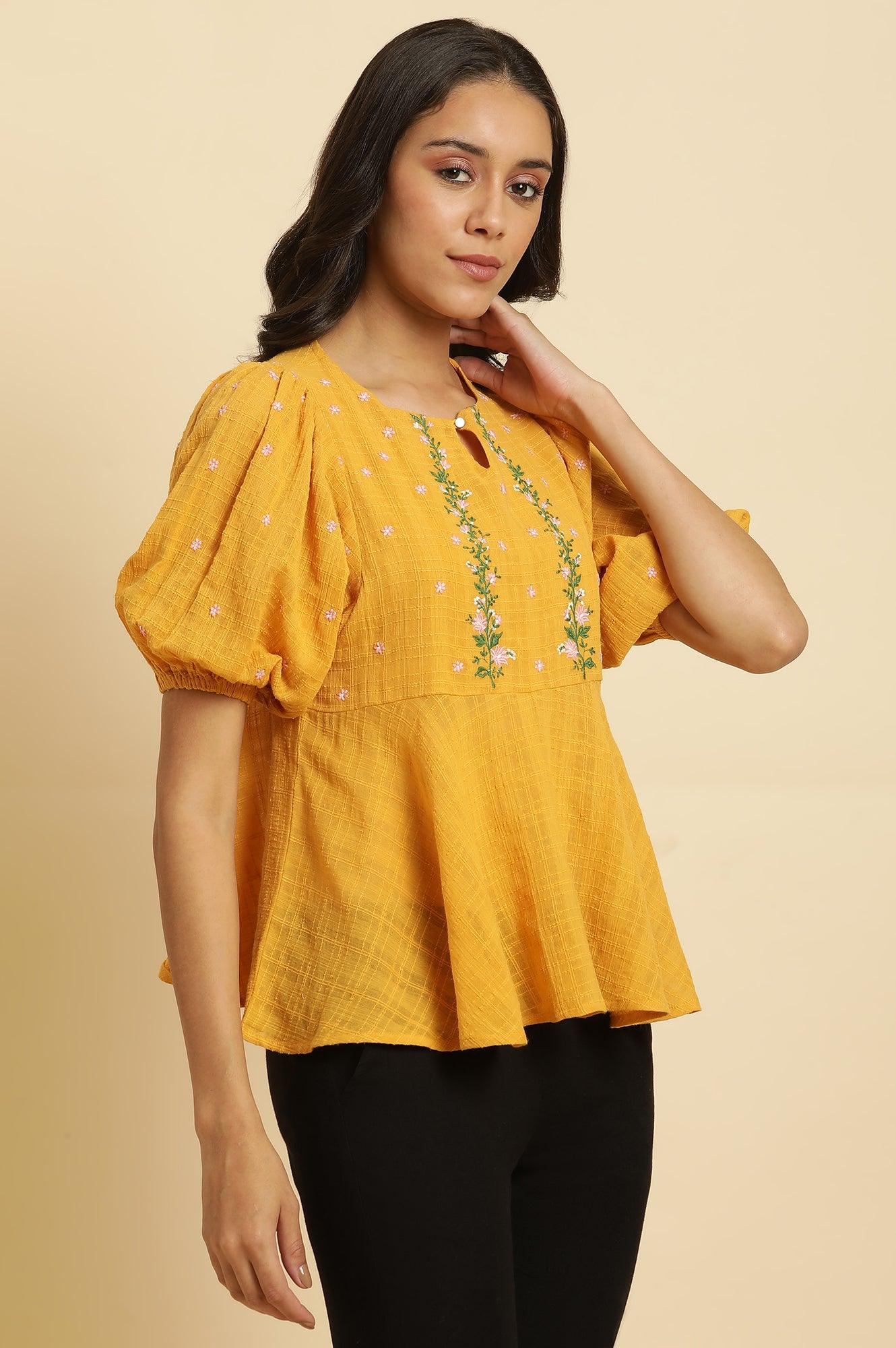 Yellow Peplum Top With Embroidered Yoke - Image 4