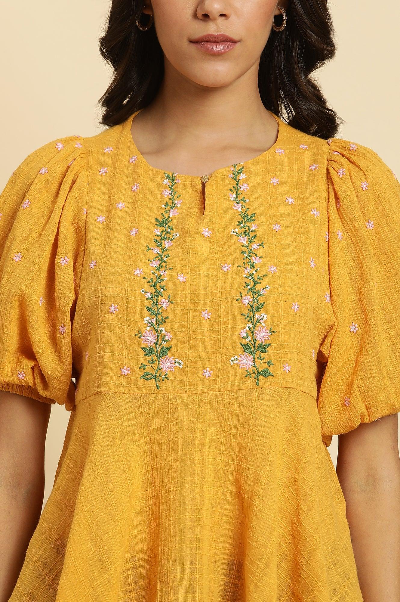 Yellow Peplum Top With Embroidered Yoke - Image 6