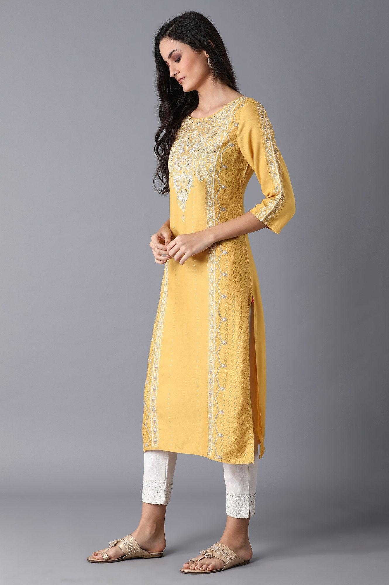 Yellow Placement Print kurta - Image 3