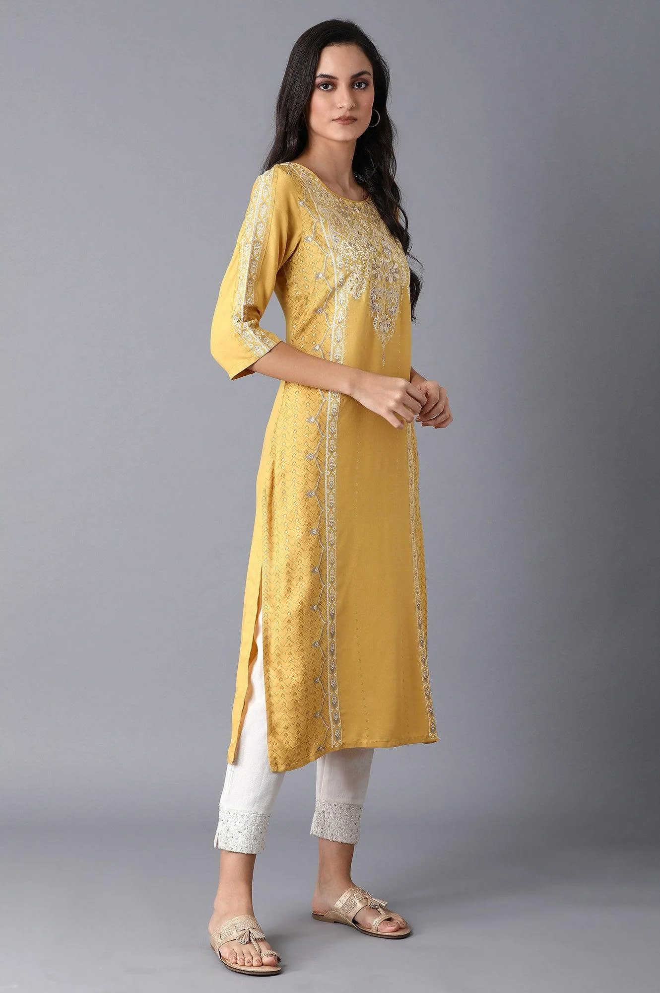 Yellow Placement Print kurta - Image 4