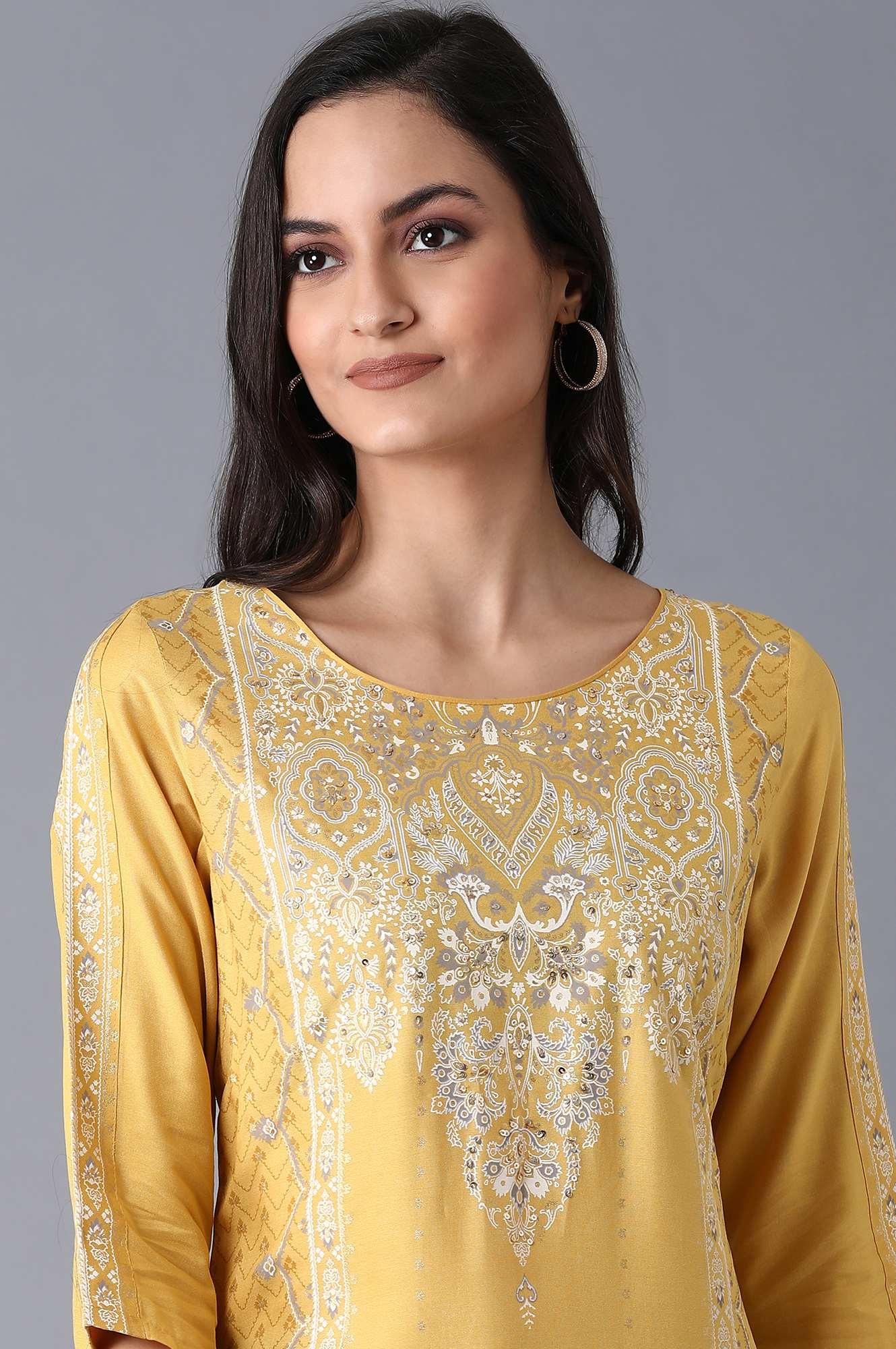 Yellow Placement Print kurta - Image 6