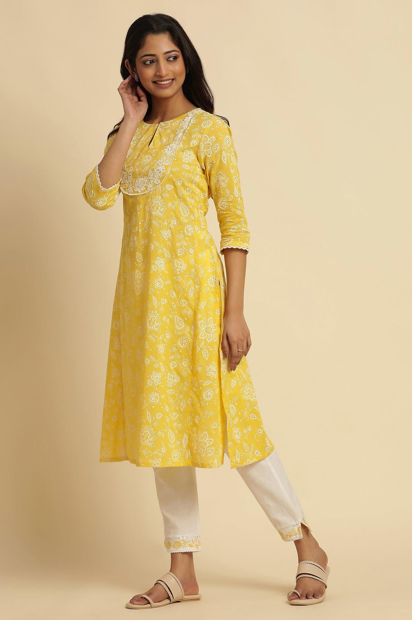 Yellow Printed A-Line Cotton Kurta - Image 3