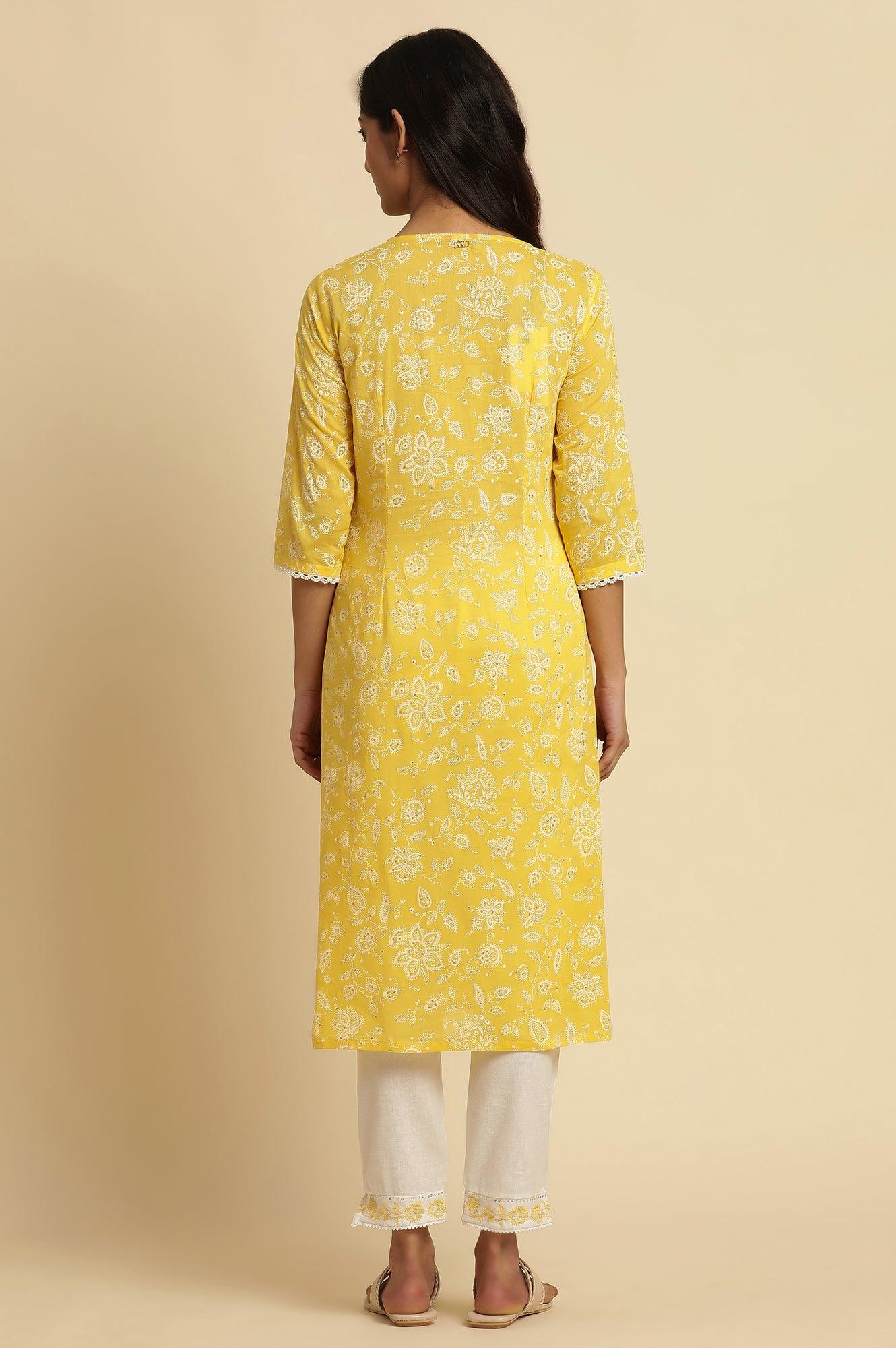 Yellow Printed A-Line Cotton Kurta - Image 4