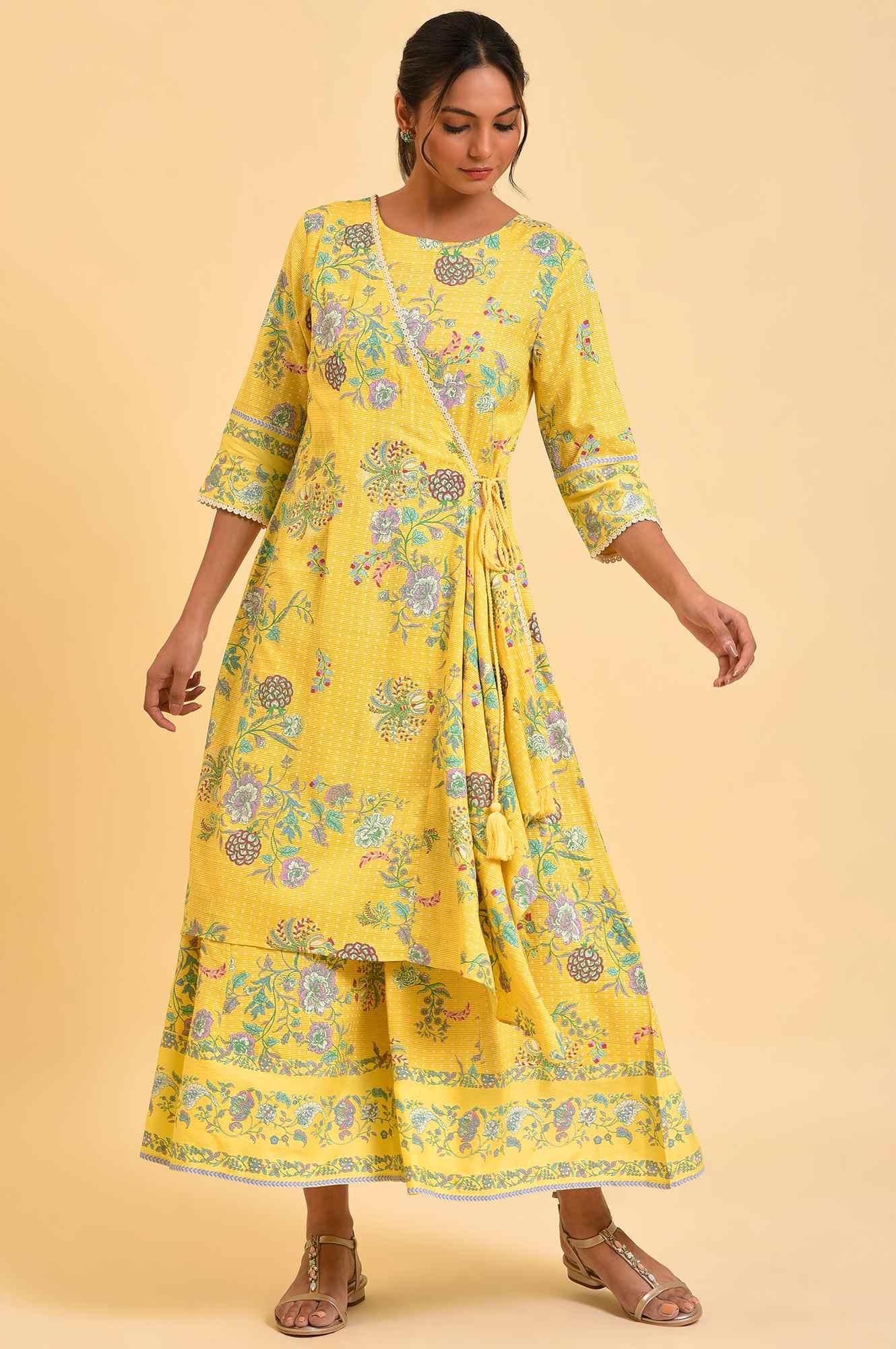 Yellow Printed Angrakha Jumpsuit - Image 6