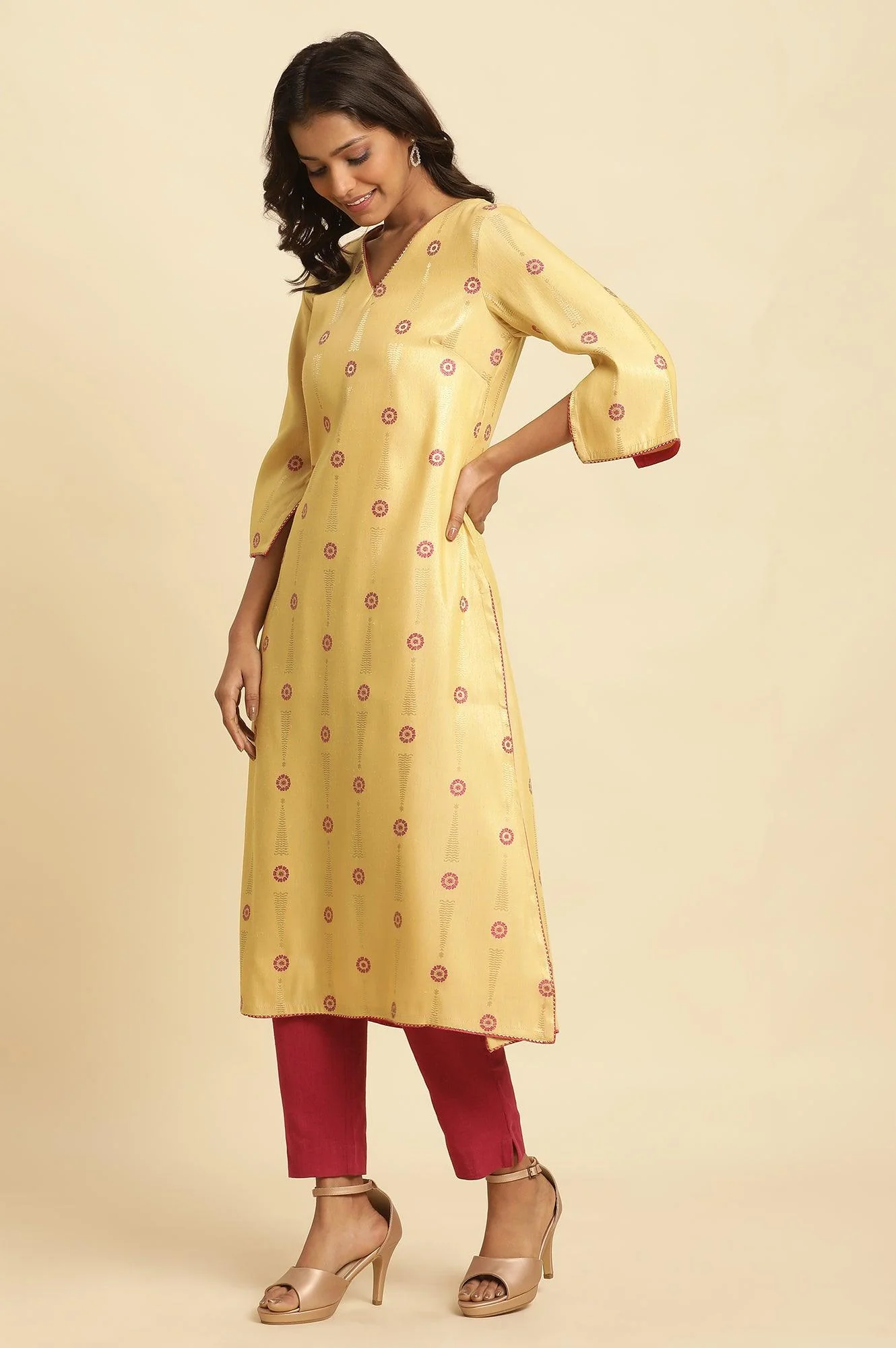 Yellow Printed Jacquard Kurta - Image 5