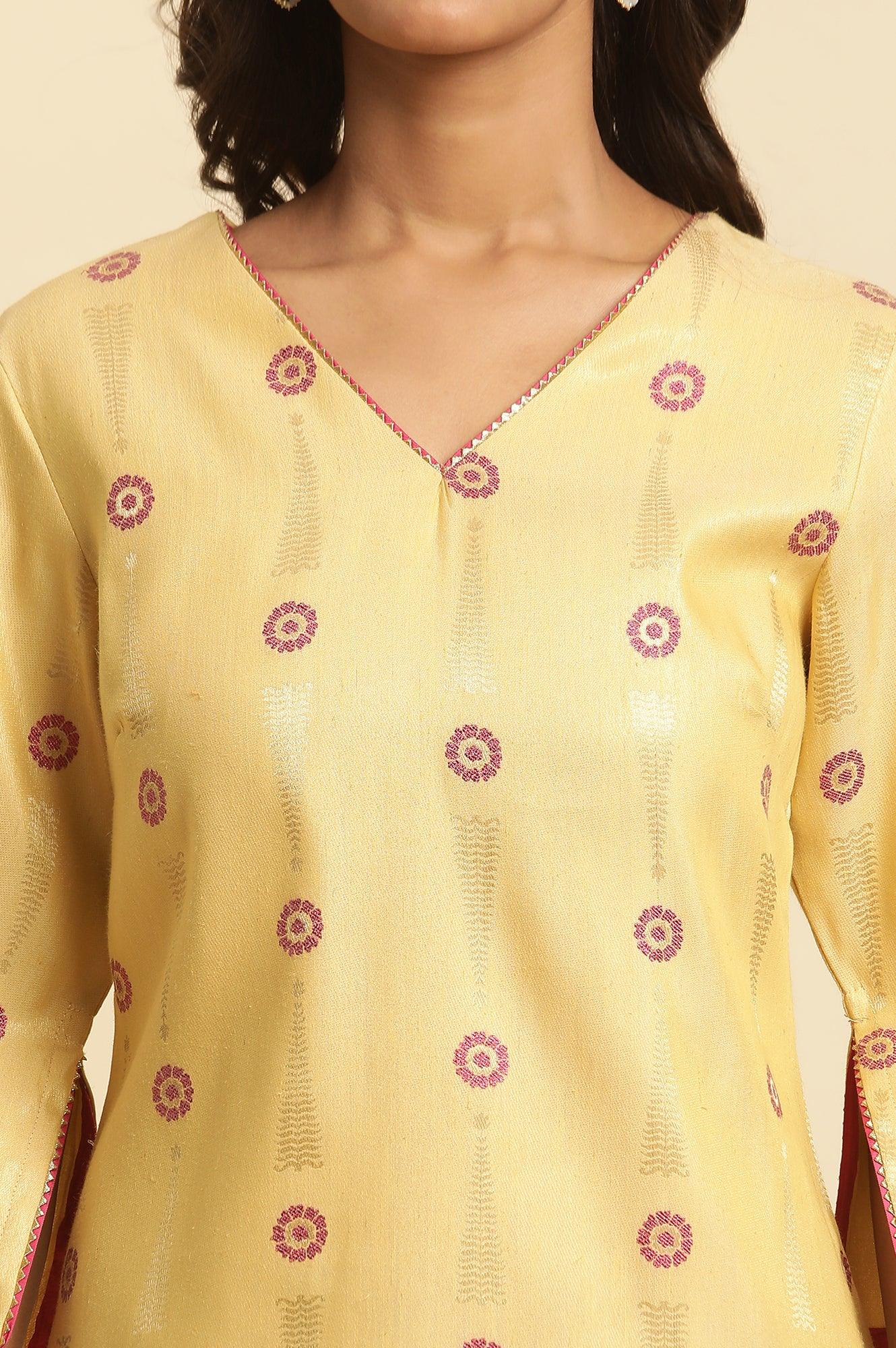 Yellow Printed Jacquard Kurta - Image 6