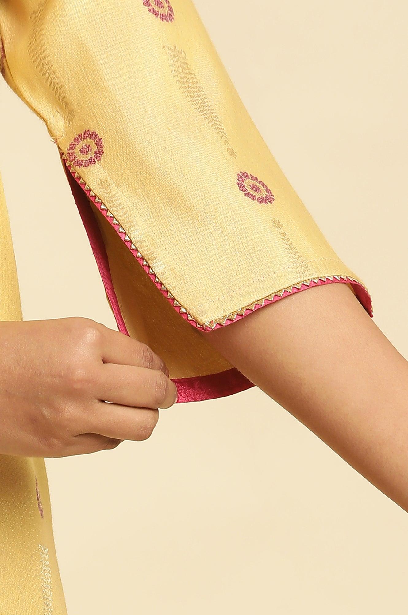 Yellow Printed Jacquard Kurta - Image 7