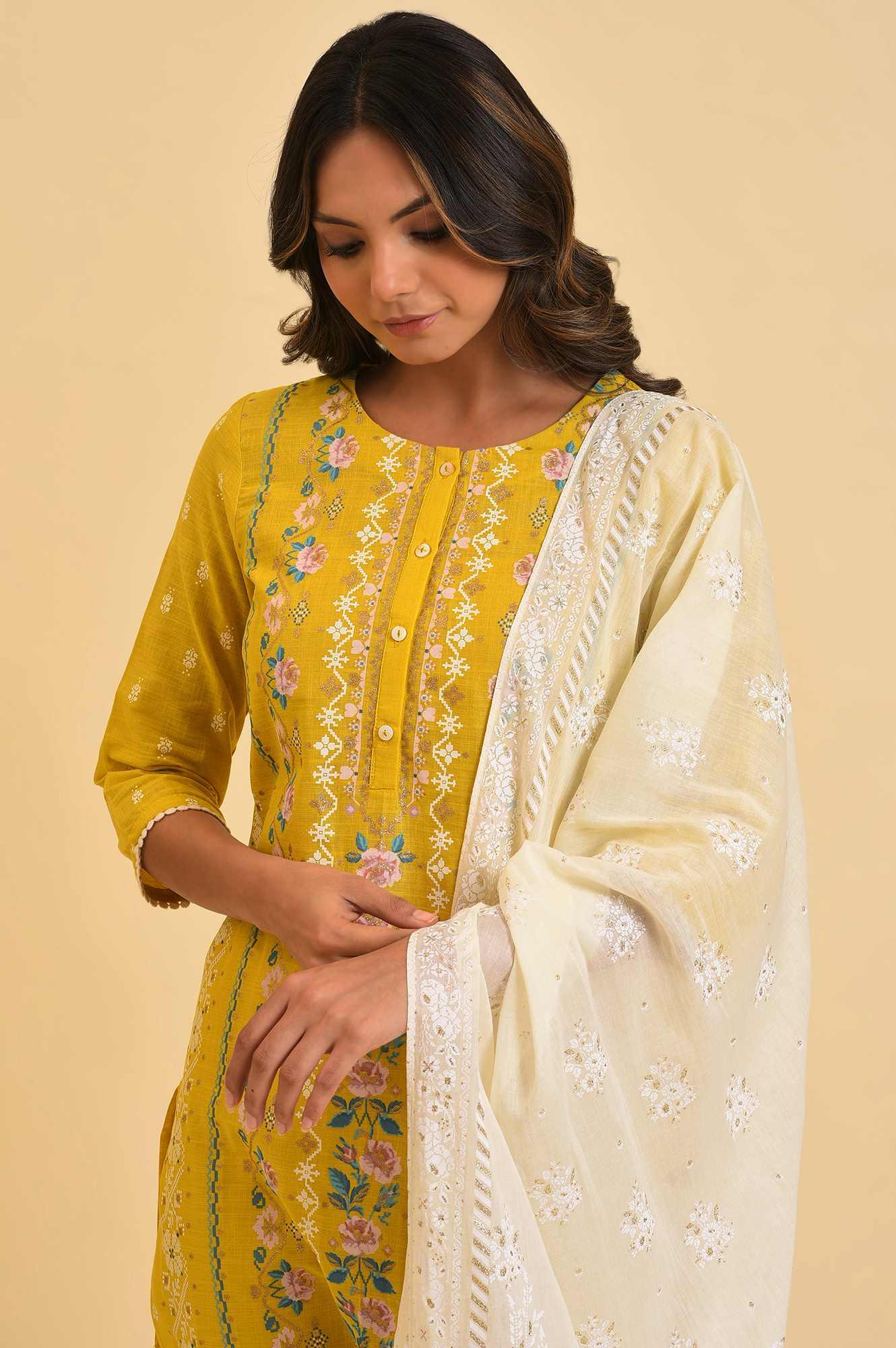 Yellow Printed kurta, Tights & Dupatta Set - Image 5