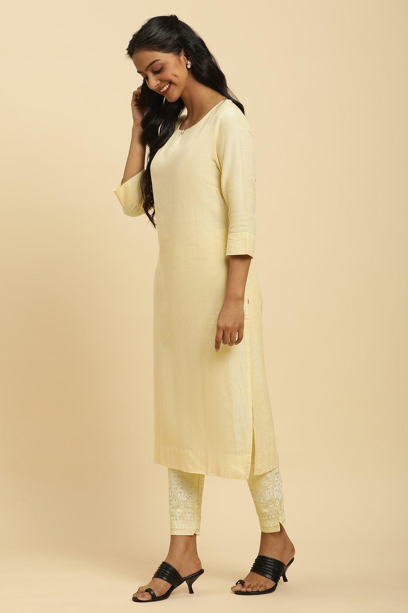 Yellow Round Neck Kurta And Slim Pants Set - Image 3