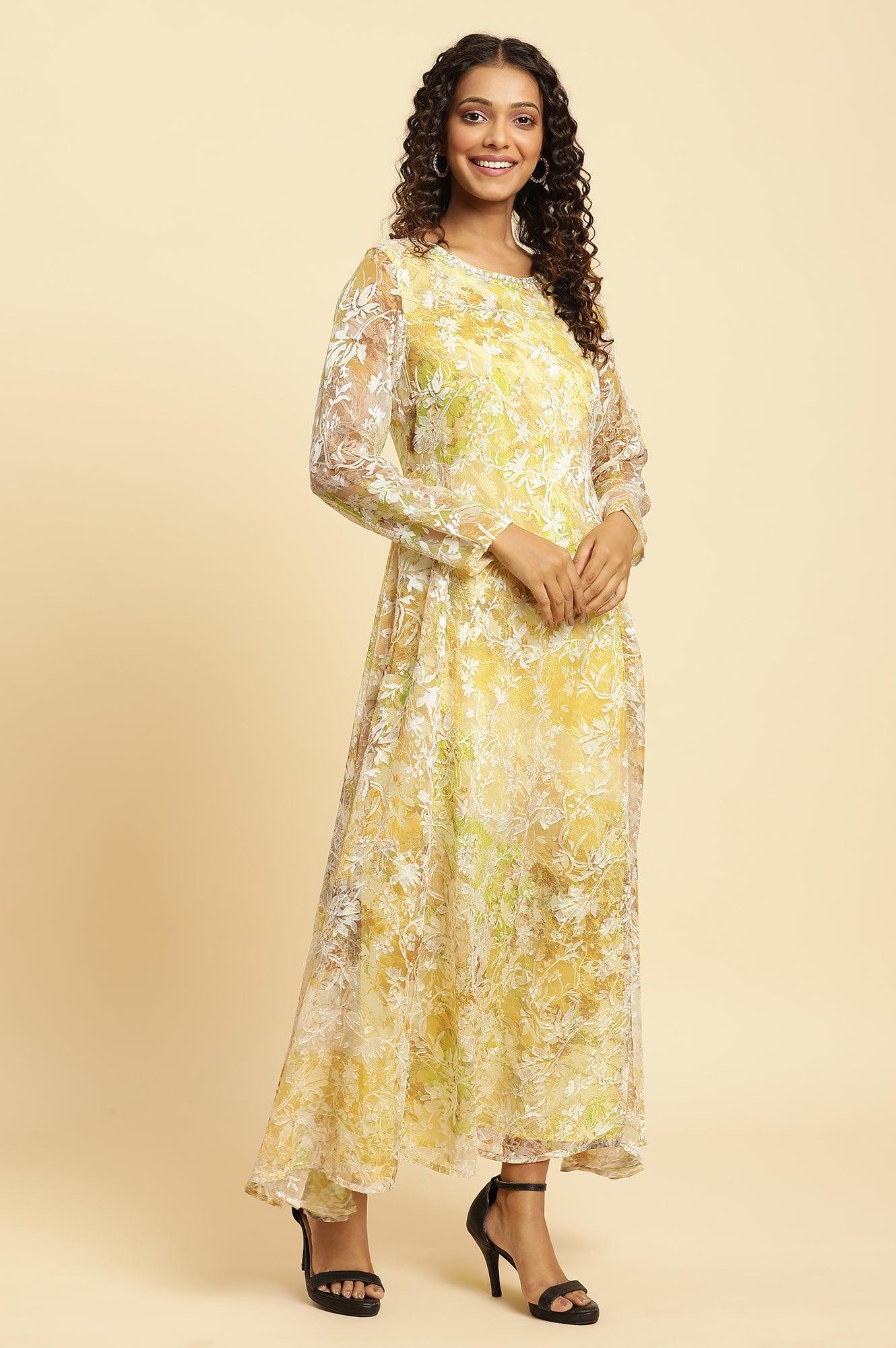 Yellow Self-Designed Flared Dress - Image 5