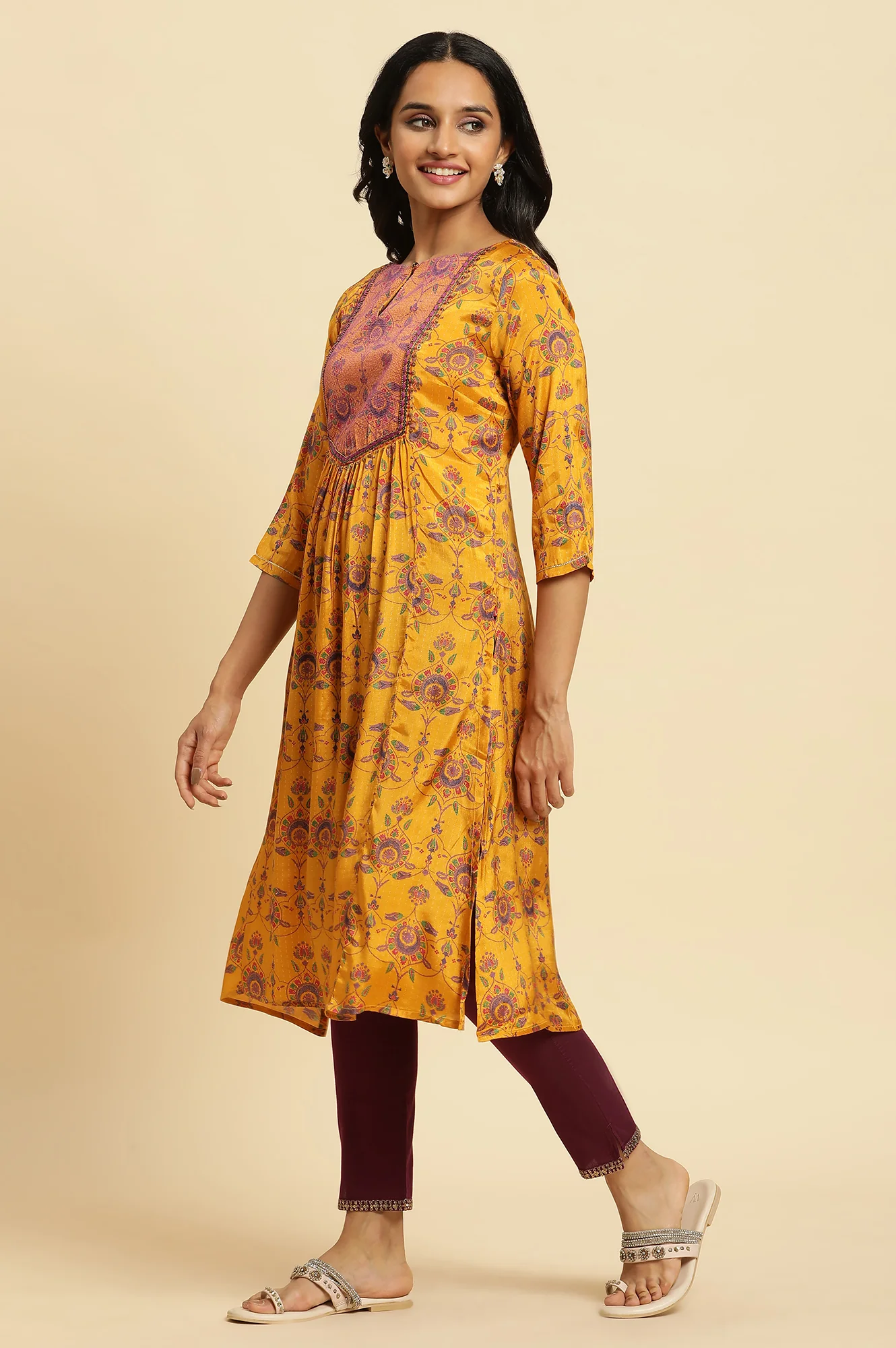 Yellow Floral Printed Sequined Shantung Straight Kurta - Image 3