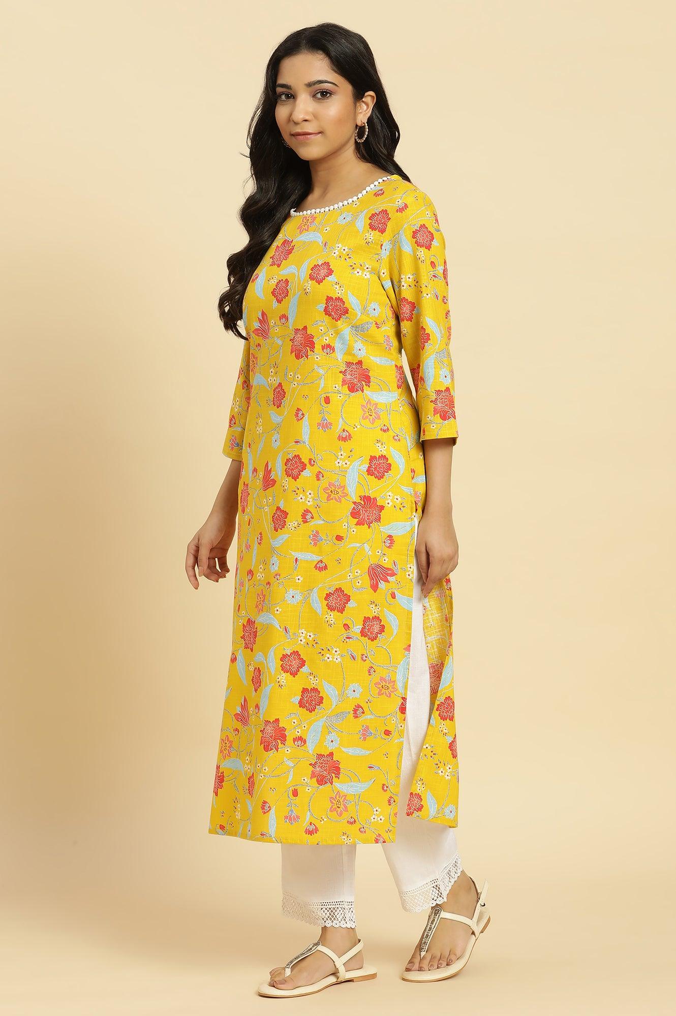 Yellow Straight Kurta With Multi-Coloured Floral Print - Image 3