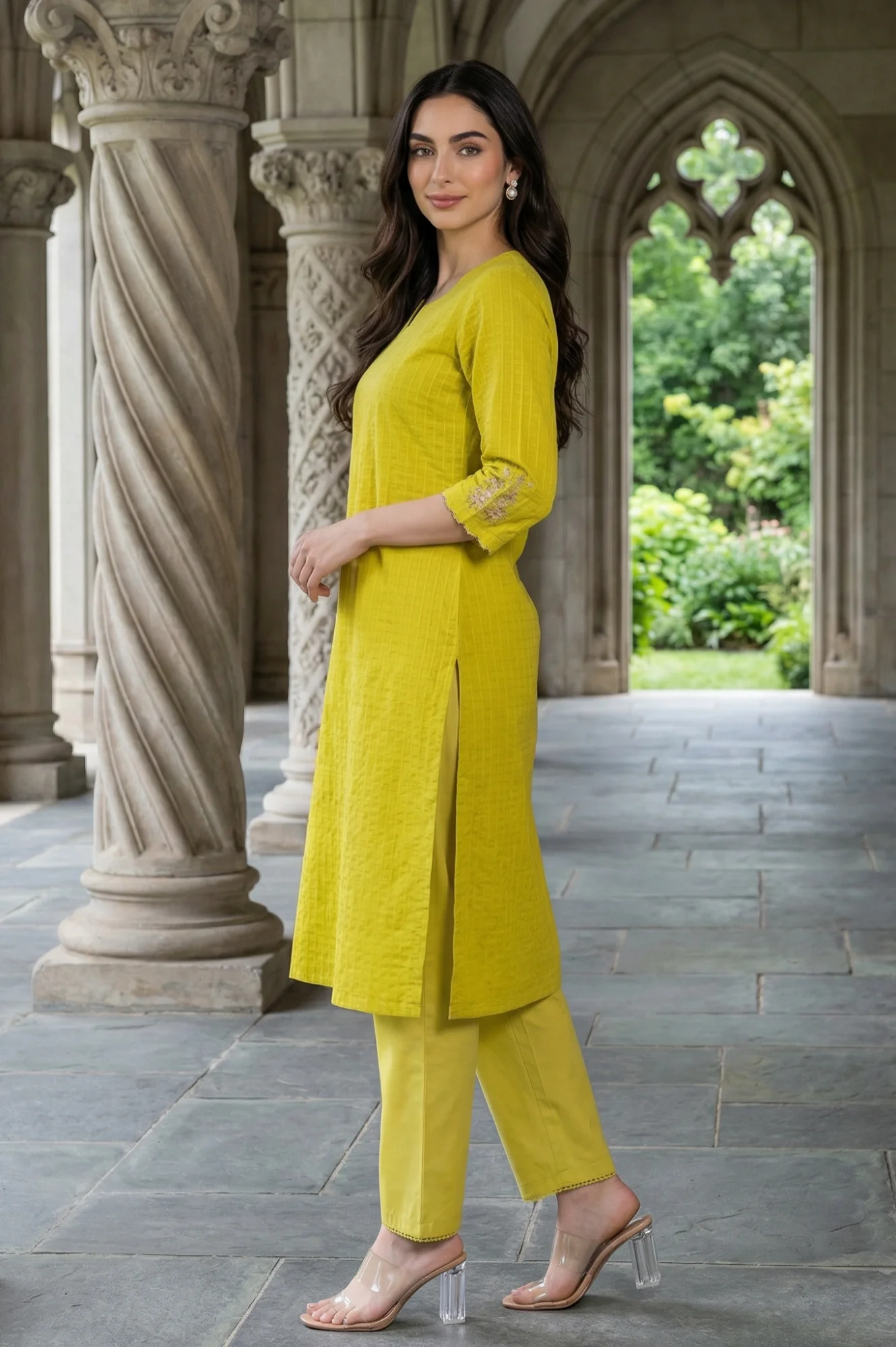 Yellow Textured Pure Cotton Straight Kurta with Embroidery on Sleeves - Image 4
