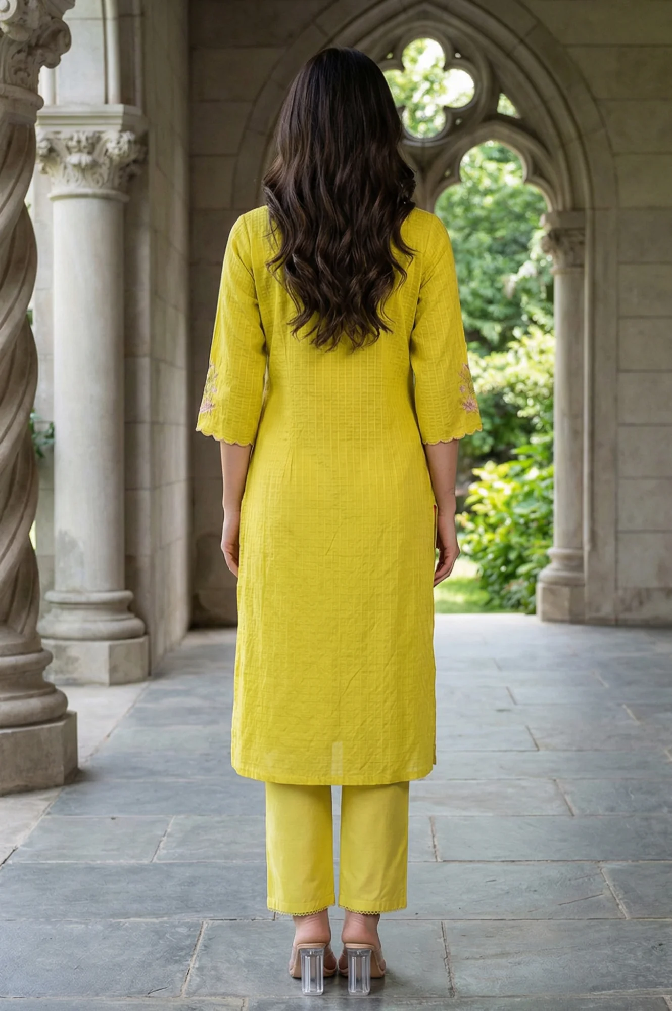 Yellow Textured Pure Cotton Straight Kurta with Embroidery on Sleeves - Image 5