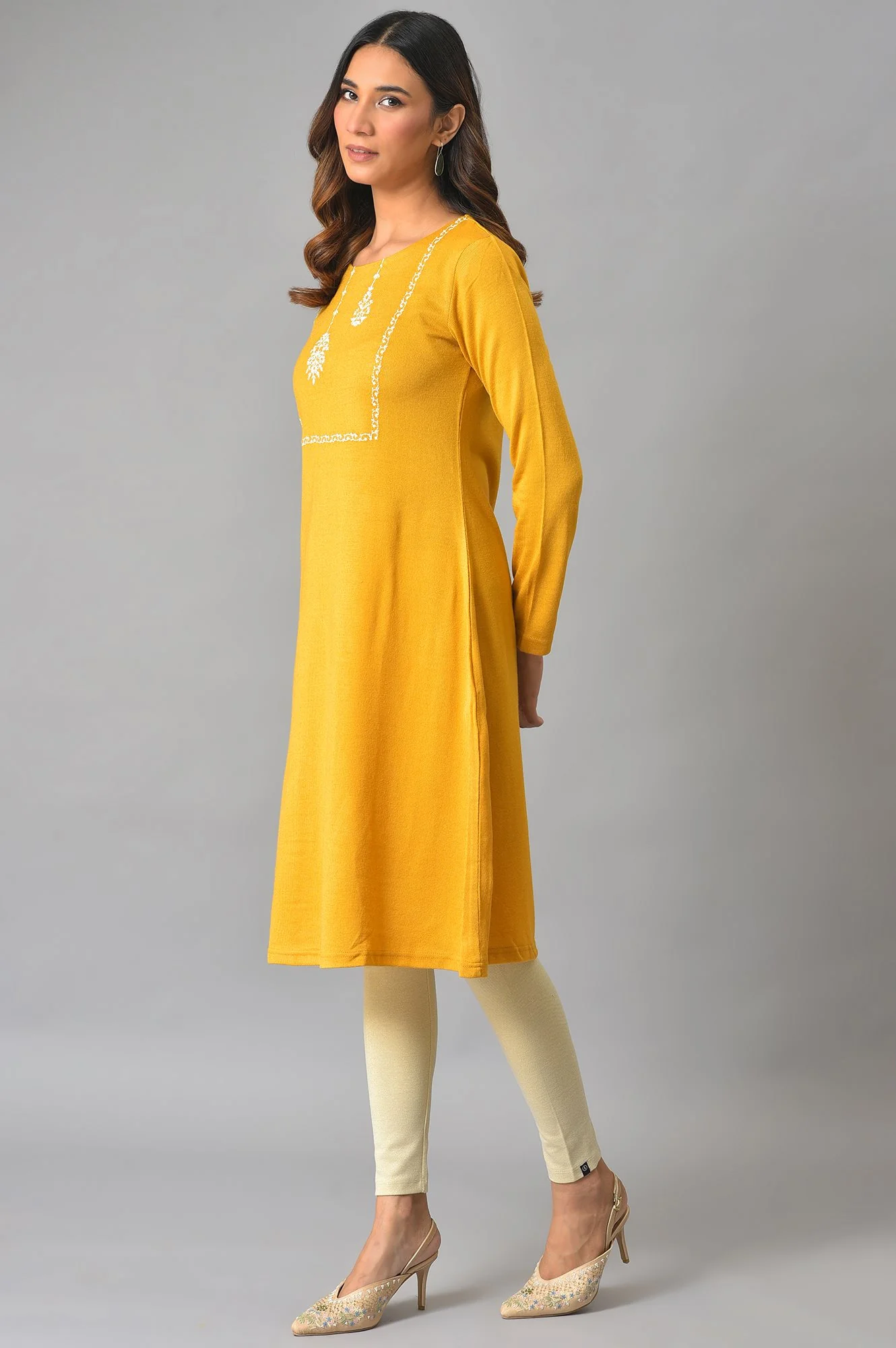 Yellow Winter kurta With Embroidered Yoke - Image 3