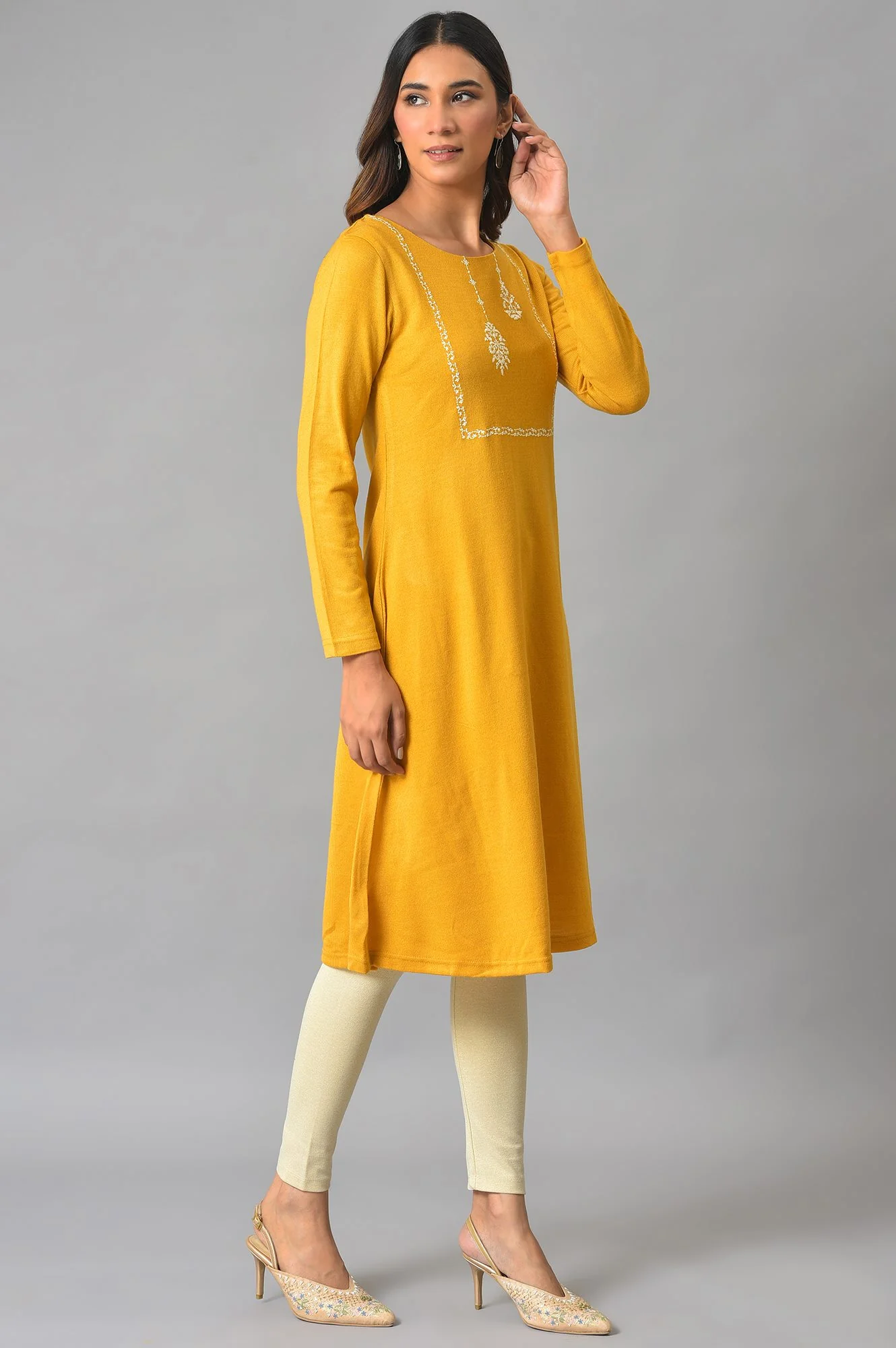 Yellow Winter kurta With Embroidered Yoke - Image 4