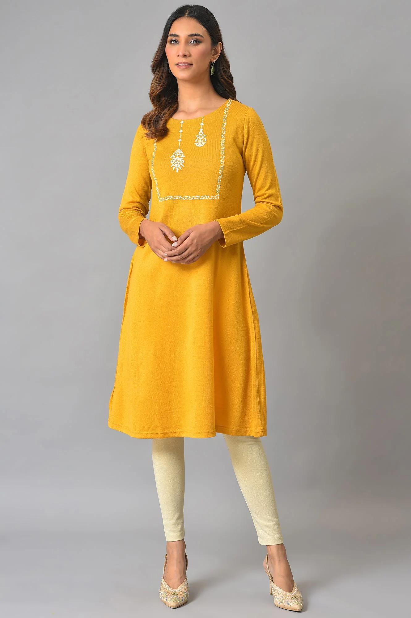 Yellow Winter kurta With Embroidered Yoke - Image 6