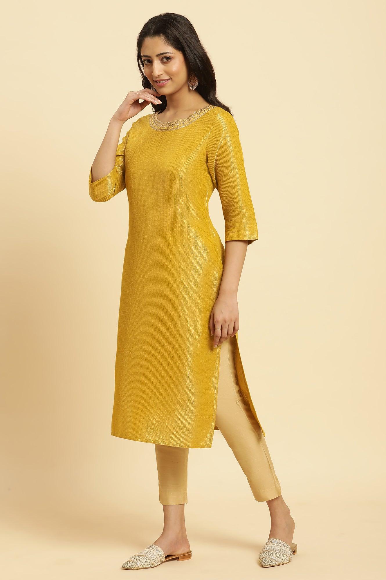 Yellow Zari Dobby Festive Kurta With Embellished Kurta - Image 3