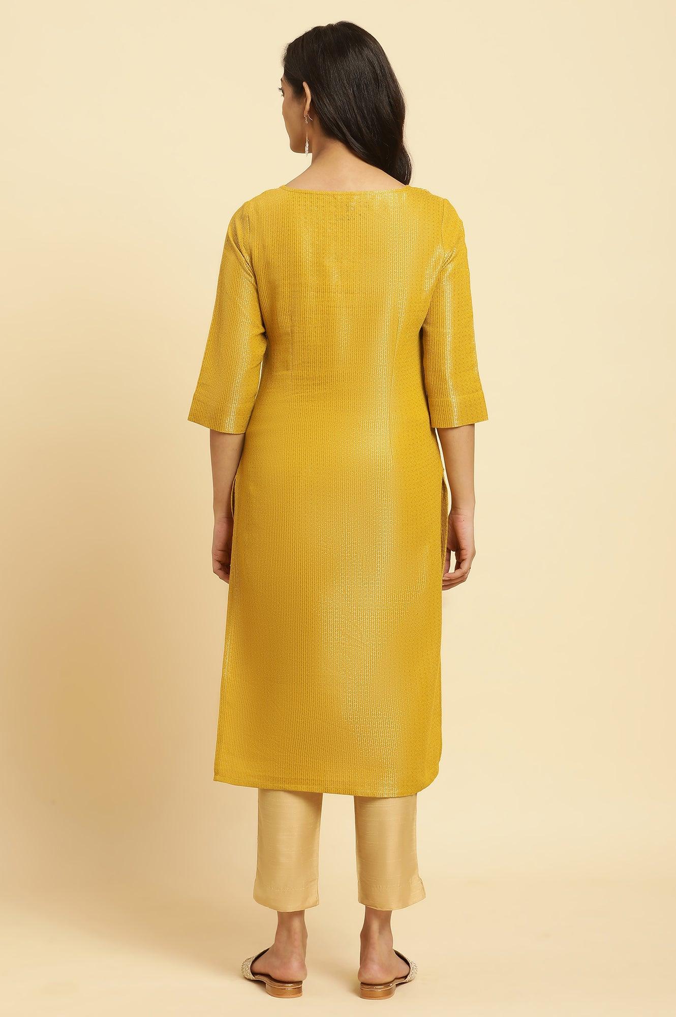 Yellow Zari Dobby Festive Kurta With Embellished Kurta - Image 4