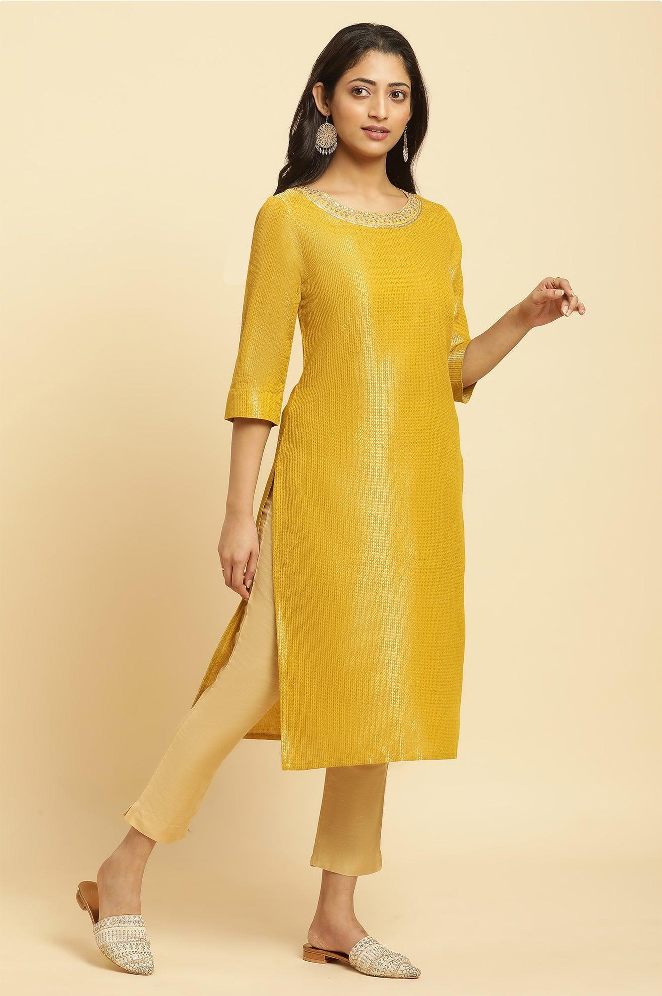 Yellow Zari Dobby Festive Kurta With Embellished Kurta - Image 5